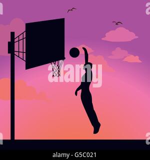 Silhouette uomo atleta player azione di salto basket Illustrazione Vettoriale