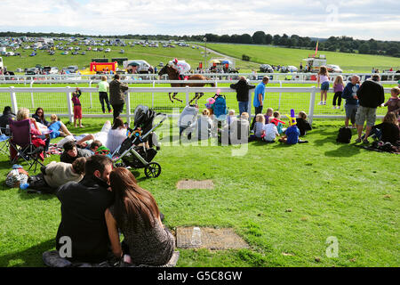 Corse di cavalli - Festival di corse in famiglia - Raceday di divertimento in famiglia - Ippodromo di Epsom Downs. I Racegoers si immergono nell'atmosfera durante il Family Fun Raceday all'ippodromo di Epsom Downs Foto Stock