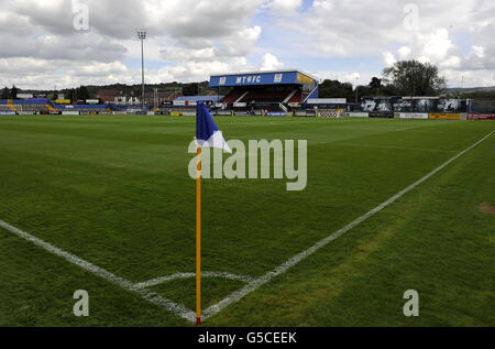 Calcio - Pre Season friendly - Macclesfield Town - FC United - Moss Rose. Vista sul Moss Rose Ground, sede della città di Macclesfield Foto Stock