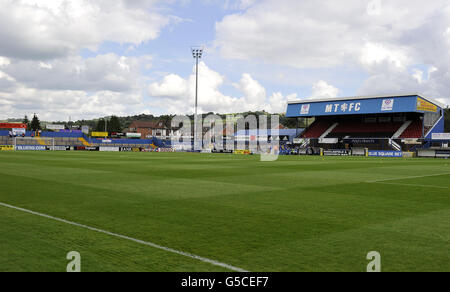 Calcio - Pre Season friendly - Macclesfield Town - FC United - Moss Rose. Vista sul Moss Rose Ground, sede della città di Macclesfield Foto Stock