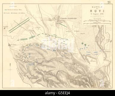 Battaglia di NOVI: 15 agosto 1799. L'Italia. Il francese guerre rivoluzionarie, 1848 mappa vecchia Foto Stock