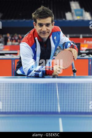 Il giocatore di tennis da tavolo della Great Britain's Singles Class 6 David Wetherill all'Excel Arena di Londra. Foto Stock