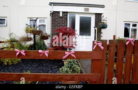 Aprile Jones mancante. I nastri rosa sono stati legati alla recinzione fuori dalla casa dei 5 anni mancanti di aprile Jones a Machynlleth. Foto Stock