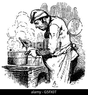 Gastronomia, cuochi, chef in stufa, di Bertall, (1820 - 1882), disegno, 19 ° secolo, 19 ° secolo, grafica, caricature, caricature, satira, mezza lunghezza, profilo, faccia laterale, profili, professione, mestieri, cappellotto, grembiule, grembiuli, in piedi, cucchiaio, cucchiai, pentole, fornelli, fornelli, cucina, bollitura, chef, storico, uomo, bollito, cuoco, cuoco, cuoco, cucina, uomo, bollente, storico, cuoco, uomo, bollente, cuoco, uomo, cucina, cucina, bollito, storico, uomo, cu Persone, uomini, diritti aggiuntivi-clearences-non disponibili Foto Stock