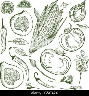 Vegetariano cibo sano cucina messicana delineare le illustrazioni di mais, peperoni, pomodori, avocado e spezie Illustrazione Vettoriale