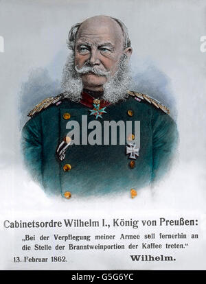 Wilhelm Friedrich Ludwig von Preußen, Kaiser Wilhelm I., (1797-1888). re, imperatore, Germania, la Prussia, Prussiani, ritratto, barba, medaglie, croce di ferro, uniforme, soldato, uomo, righello, alcol, droga, storia, storica dichiarazione contro l'alcol, 1910S, 1920s, xx secolo, archivio, Carl Simon, preventivo, lato vetro colorato slitta Foto Stock