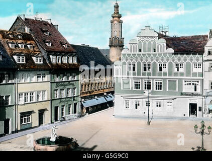 Der Marktplatz a Weimar. Il mercato di Weimar square. architettura, città vecchia, quadrato, case, edifici, Castello, Centro citta' interna, negozi, street lane, Europa, Germania, storia, storico, 1910S, 1920s, xx secolo, archivio, Carl Simon, Foto Stock