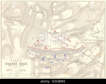 Battaglia di QUATRE BRAS: 16 giugno 1815. Il Belgio. Guerre napoleoniche, 1848 mappa vecchia Foto Stock