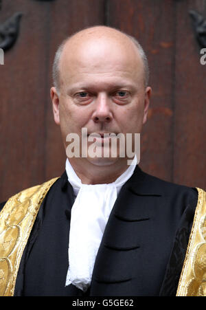 Nomine della Corte Suprema del Regno Unito. Il nuovo Lord Chancellor MP Chris Grayling, presso le corti reali di giustizia, The Strand, Londra. Foto Stock