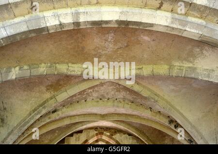 Scolpita in pietra tetto curvo di Chapter House Cleeve Abbey monastero cistercense Wachet Washford Somerset Inghilterra Foto Stock