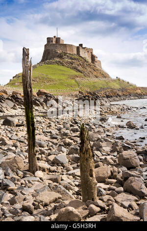 Regno Unito Inghilterra Northumberland, Isola Santa Lindisfarne Castle e resti di pontile in legno sulla riva Foto Stock