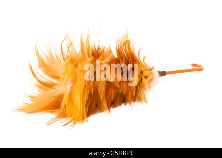 Soft duster con manico in plastica su sfondo bianco Foto Stock