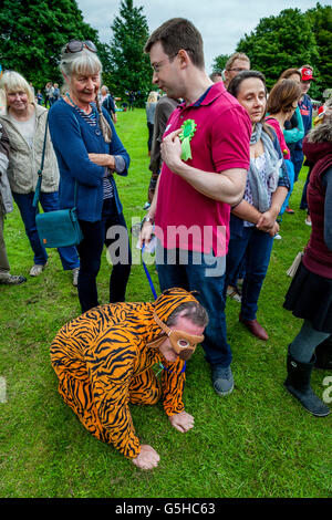 Un uomo vestito in un costume di Tiger prende parte ad un dog show, Kingston Village Fete, Lewes, Sussex, Regno Unito Foto Stock