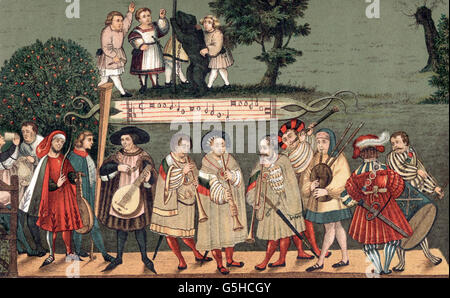 Musica, gruppi musicali, orchestra, musicisti a una danza di dinastie di Augusta, circa 1520, Additional-Rights-Clearences-non disponibile Foto Stock