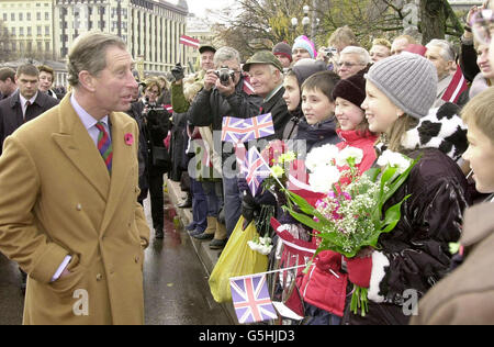 Il Principe di Galles parla al pubblico poco prima di essere schiaffeggiato a faccia con un fiore da un protettore anti-guerra in Lettonia. L'incidente avvenne al Monumento alla libertà nella capitale riga, dopo che il Principe aveva posto una corona per commemorare l'indipendenza dello stato Baltico. * la donna, chiamata Alina, è stata condotta dalla polizia dicendo che stava protestando contro la Lettonia che si univa alla NATO e la guerra in Afghanistan. Foto Stock