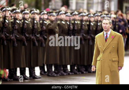 Il Principe del Galles cammina davanti a una guardia d'onore al Monumento Nazionale della libertà, nella capitale lettone riga. In precedenza era stato schiaffeggiato intorno al volto con un fiore da un protesore contro la guerra, dopo aver deposto una corona per commemorare l'indipendenza dello Stato Baltico. * la donna, chiamata Alina, è stata guidata dalla polizia dicendo che stava protestando contro la Lettonia che ha aderito alla NATO e la guerra in Afghanistan. Foto Stock