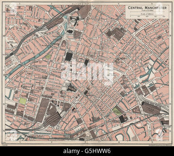 Il centro di Manchester. Vintage town mappa della città piano. Lancashire, 1930 Foto Stock