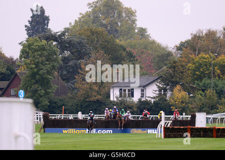 I cavalli saltano la recinzione sponsorizzata da William Hill durante il Beginners' Chase del williamhill.com Foto Stock