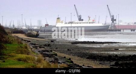 Dibden Bay sulle acque di Southampton, vicino alla New Forest. Un'indagine pubblica aperta oggi a Hythe, vicino a Southampton, sulla costruzione di un porto a Dibden Bay, come dicono gli attivisti della natura, potrebbe causare la perdita di preziosi habitat naturali. L'inchiesta dovrebbe durare un anno. Foto Stock