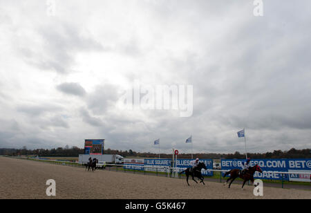 Corse di cavalli - Ippodromo di Lingfield. I corridori fanno il loro senso inviare alle corse del Lingfield. Foto Stock