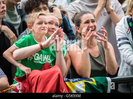 Ventole che mostra il loro sostegno al Titanic Fanzone, Belfast come essi guardare Irlanda del Nord / Germania in Euro 2016. Foto Stock