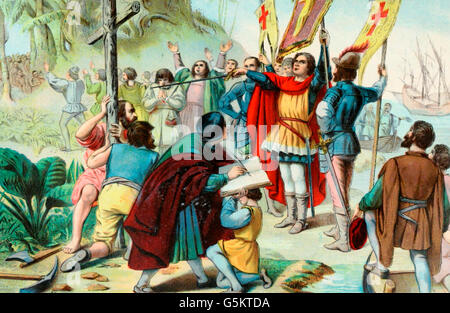 Christopher Columbus prendendo possesso del nuovo mondo Foto Stock