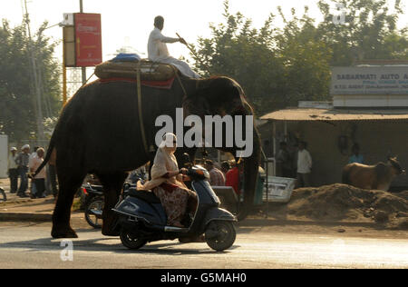 Un uomo guida un elefante attraverso le strade di Ahmedabad mentre una donna corre accanto a un ciclomotore, nello stato di Gujurat, India. Foto Stock