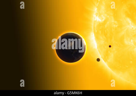Terra, Venere, Mercurio in orbita intorno al Sole. I suns diametro è circa 109 volte quella della Terra Foto Stock