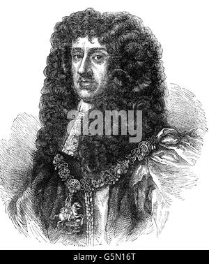 Charles II è stato ripristinato come monarca dei tre regni di Inghilterra, in Scozia e in Irlanda nel 1660. Suo padre Carlo I, fu eseguito a Whitehall nel 1649, al culmine della guerra civile inglese. Foto Stock