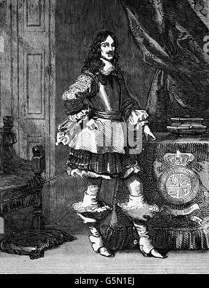 Charles II è stato ripristinato come monarca dei tre regni di Inghilterra, in Scozia e in Irlanda nel 1660. Suo padre Carlo I, fu eseguito a Whitehall il 30 gennaio 1649, al culmine della guerra civile inglese. Foto Stock