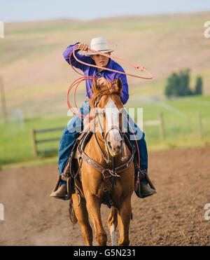 Cowboy gettando lazo a cavallo Foto Stock