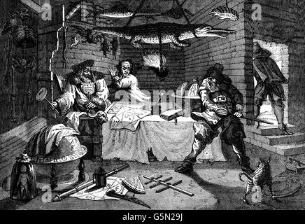 Una scena da Hudibras, un inglese polemica satirico su Roundheads, Puritans, presbiteriani e molte delle altre fazioni coinvolte nella guerra civile inglese. Scritto da Samuel Butler (1613 - 1680), poeta e Satiro. Foto Stock