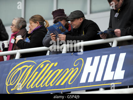 Corse di cavalli - William Hill Winter Festival - giorno uno - Ippodromo di Kempton Park. Racegoers studiare la forma su un balcone al Kempton Park Racecourse Foto Stock