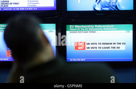 Londra, Regno Unito. Il 23 giugno, 2016. Un uomo seduto in un Liverpool Street negozio di scommesse del giorno dell'UE referendum, a Londra, UK, 23 giugno 2016. Foto: MICHAEL KAPPELER/DPA/Alamy Live News Foto Stock