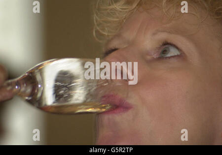 Jilly Goolden assaggia champagne presso la Banqueting House di Whitehall a Londra, in quella che gli organizzatori hanno dichiarato essere la degustazione più grande del mondo. Gli intenditori sono stati in grado di assaggiare circa 68 marchi che rappresentavano più di 200 vini diversi. * l'anno scorso la Gran Bretagna ha importato più di 25 milioni di bottiglie di spumante. Foto Stock