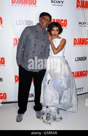 Kerry Washington e Samuel L. Jackson arrivano per la prima volta di Django Unchained all'Empire Leicester Square, Londra. Foto Stock