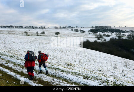 La neve sul terreno alto dei Wolds dello Yorkshire ai pascoli di Millington, vicino a Pocklington, dà agli escursionisti un assaggio del tempo invernale e della neve che si prevede di influenzare molte aree del Regno Unito nei prossimi giorni. Foto Stock