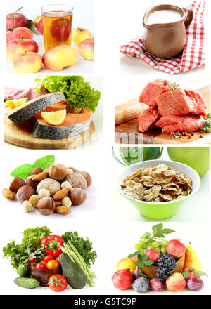 Set di collage varietà di prodotti per un cibo sano Foto Stock