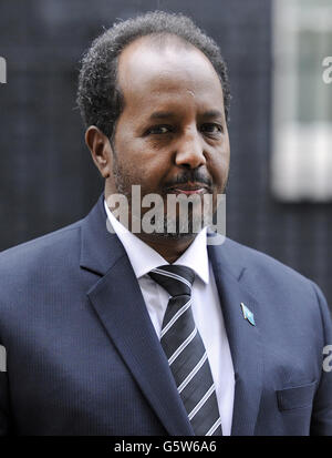 Il presidente della Repubblica federale di Somalia, Hassan Sheikh Mohamud, arriva a 10 Downing Street come parte di una visita di Stato. Foto Stock