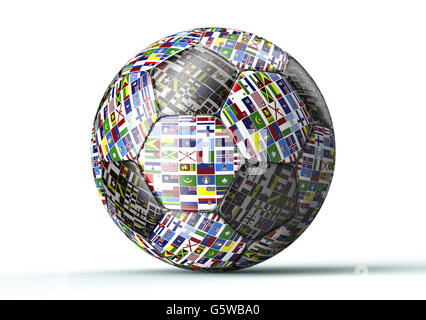 Pallone da calcio con tutte le bandiere del mondo isolato su bianco , 3d illustrazione Foto Stock