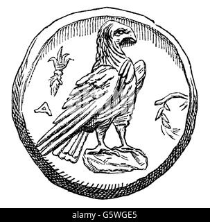 Soldi / finanze, monete, mondo antico, Grecia, moneta, inverso, aquila di Zeus, Elis, incisione del legno, da: 'Le Magasin Pittoresque', Parigi, 1865, diritti-aggiuntivi-clearences-non disponibile Foto Stock