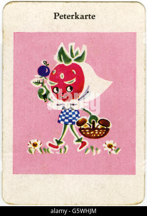 Gioco, carte, 'Korbine Früchtchen', gioco di famiglie felici, carta da gioco, vecchia cameriera, immagine: Ilse Wagner, produttore: VEB Altenburger Spielkartenfabrik, 1968, diritti aggiuntivi-clearences-non disponibile Foto Stock