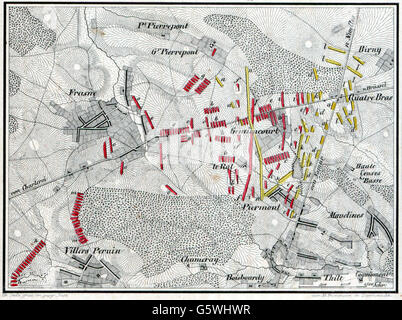 Guerra della settima coalizione 1815, Battaglia di Quatre Bras, 16.6.1815, mappa, incisione del legno, XIX secolo, piano d'azione, piani d'azione, guerra, guerre, cento giorni, campagna, campagne, Francia, Belgio, Gran Bretagna, coalizioni, Alleati, francesi, Vallonia, Guerre napoleoniche, 7, 7, 7, 7, battaglia, battaglie, storiche, storiche, diritti aggiuntivi-non disponibili Foto Stock