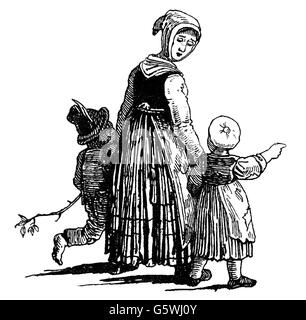 Letteratura, fiaba, fratelli Grimm, Hansel e Gretel, con la loro madre, disegno del conte Franz Pocci (1807 - 1876), da: 'Kinder- und Hausmärchen', Additional-Rights-Clearences-Not Available Foto Stock