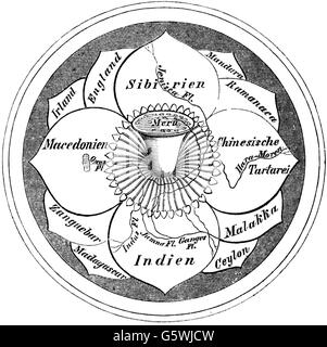 Cartografia, mappa del mondo, mappa del mondo di Hindo, il mondo in fiore con il monte Meru al centro, incisione del legno, XIX secolo, India, Siberia, Cina, Tartar, Macedonia, Inghilterra, Irlanda, Malacca, Ceylon, Sri Lanka, Madagascar, Manduria, Ramanaca, Zanzibar, immagine del mondo, immagini del mondo, Asia, cartografia, stampa mappa del mondo, stampa mappa del mondo, mondo, mondi, fioritura, fiore, fiori, fiori, monte, montagna, vetta, vette, centro, centro, centri, centri, storici, storici, diritti aggiuntivi-clearences-non disponibile Foto Stock