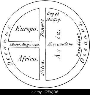 Cartografia, mappe del mondo, mappa T and o, VII / VIII secolo, ricostruzione, incisione del legno, XIX secolo, Medioevo, mappa del mondo, continente, continenti, Europa, Africa, Asia, Mediterraneo, fiume, fiumi, Nilo, oceano, oceani, mare, mari, Gerusalemme, Gog e Magog, cartografia, stampa di mappe, storico, storico, medievale, diritti aggiuntivi-clearences-non disponibili Foto Stock
