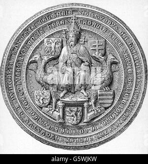 Sigismondo, 15.2.1368 - 9.12.1437, Sacro Romano Imperatore 31.5.1433 - 9.12.1437, a lunghezza intera, sigillo, circa 1435, incisione in legno, 19th secolo, Foto Stock