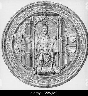Sigismondo, 15.2.1368 - 9.12.1437, Sacro Romano Imperatore 31.5.1433 - 9.12.1437, a lunghezza intera, sigillo, circa 1430, incisione in legno, 19th secolo, Foto Stock