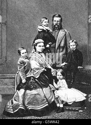 Federico Iii, 18.10.1831 - 15.6.1888, Imperatore Tedesco 9.3. - 15.6.1888, con moglie Victoria Adelaide, figli Principe William, principe Enrico, Principessa Charlotte e Principessa Viktoria, incisione in legno dopo fotografia, 1867, Foto Stock