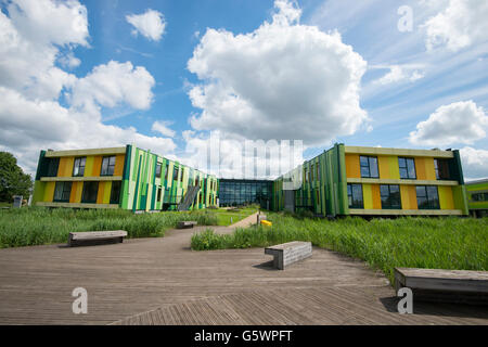 Giorno d'estate e di sole e nuvole bianche a Nottingham Science Park, Nottinghamshire England Regno Unito Foto Stock